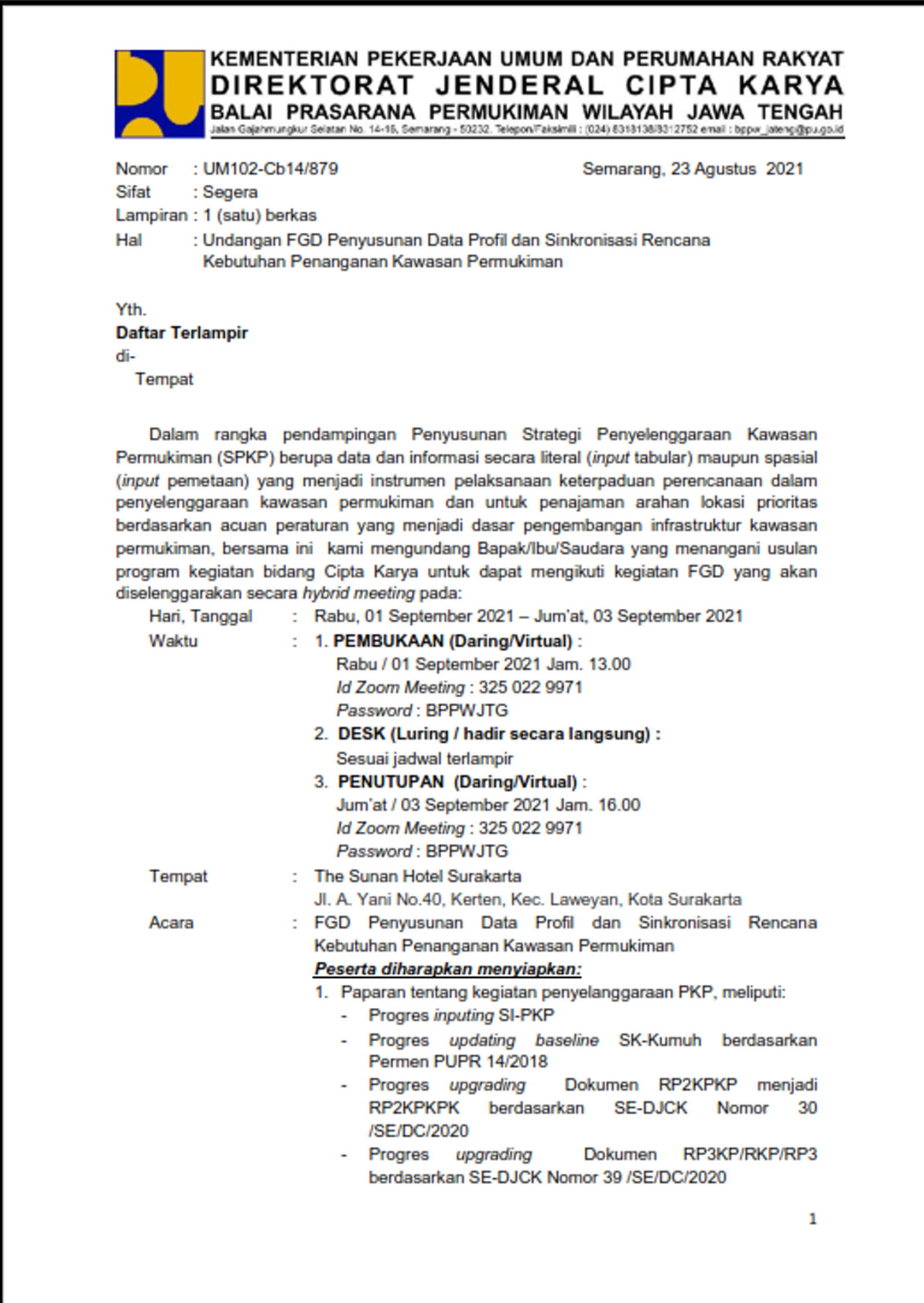 Undangan FGD Evaluasi RPIJM Kabupaten/Kota di Provinsi Jawa Tengah