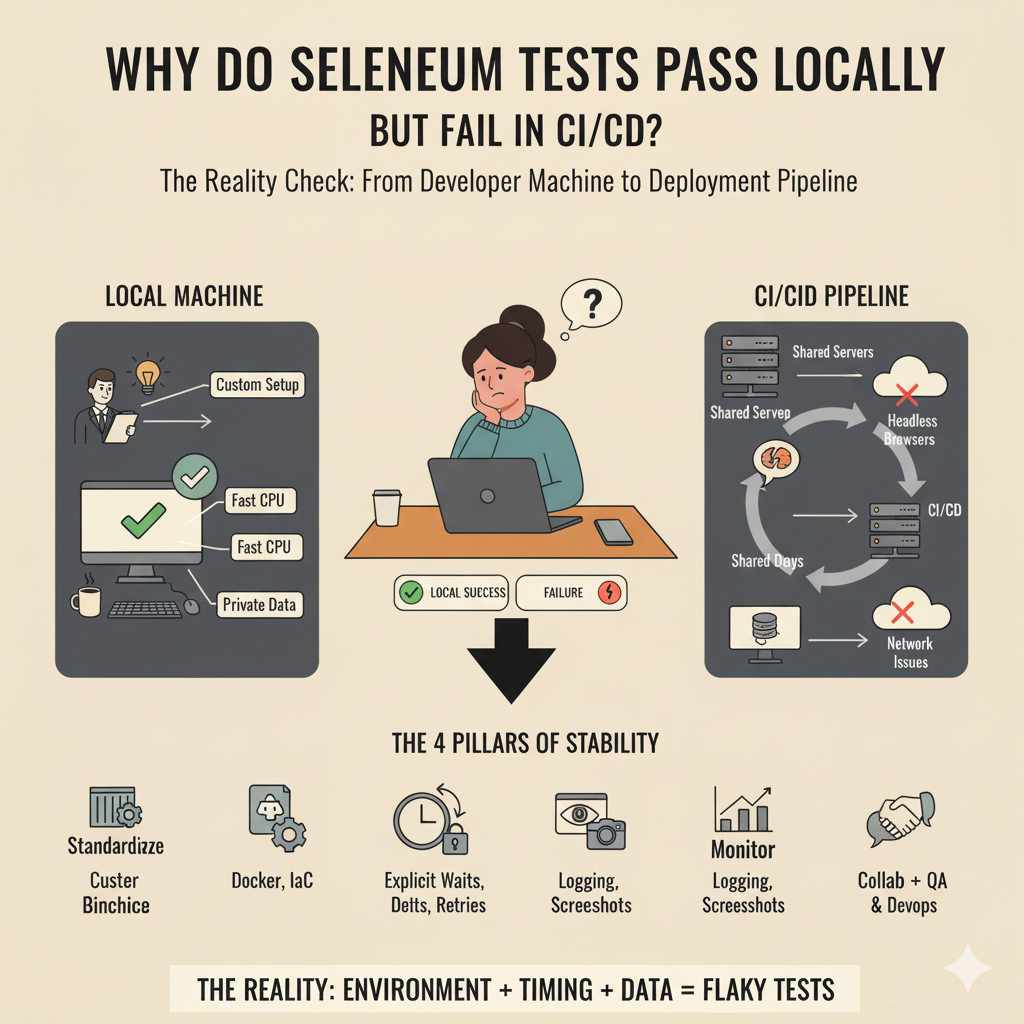Why do Selenium tests pass locally but fail in CI/CD?