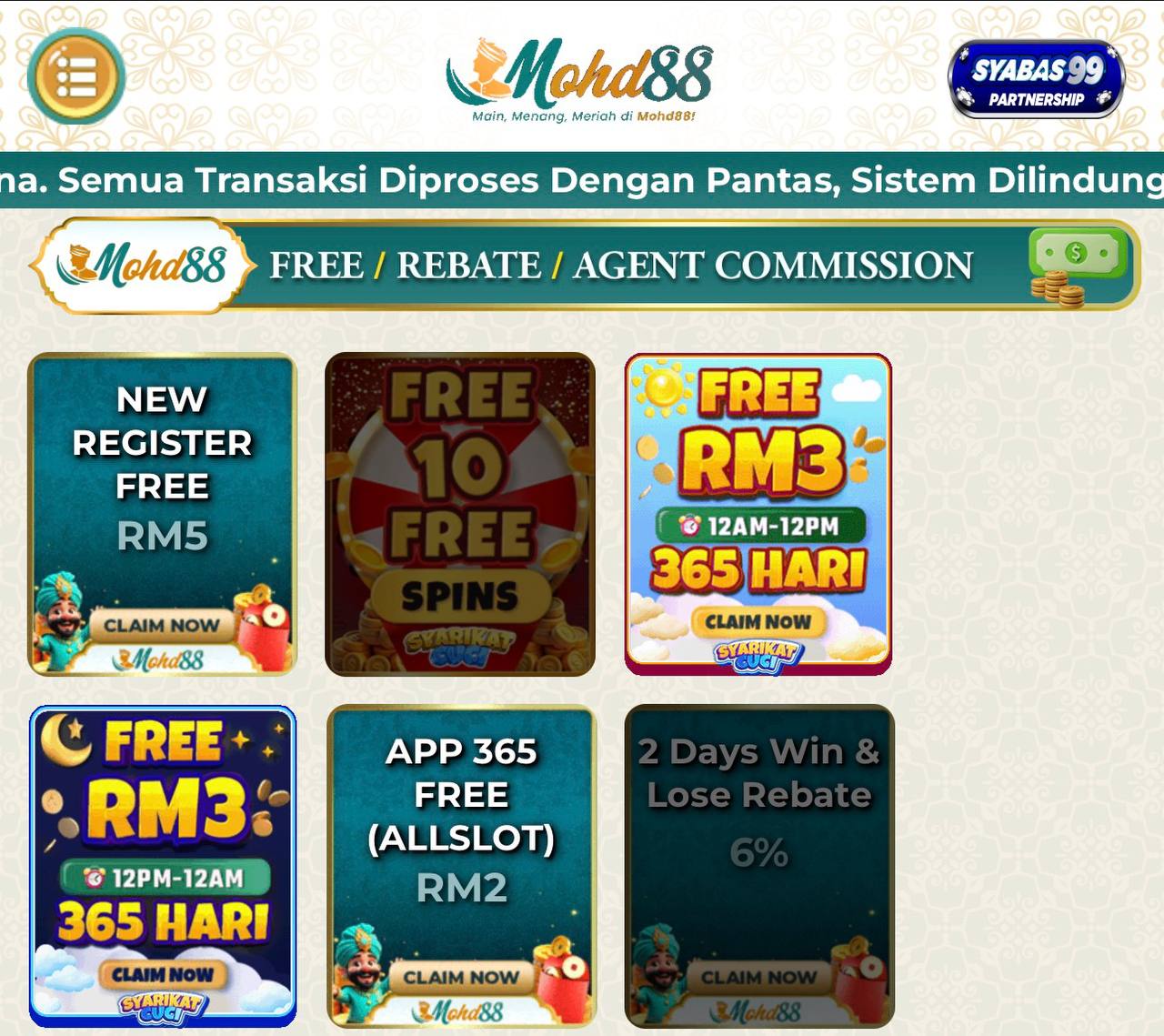 MOHD88💵 Free Credit 365Hari RM3 All Slot💵New Register Free RM5 All SLot💵Welcome Bonus 50%💵Telco Cuci Penuh
