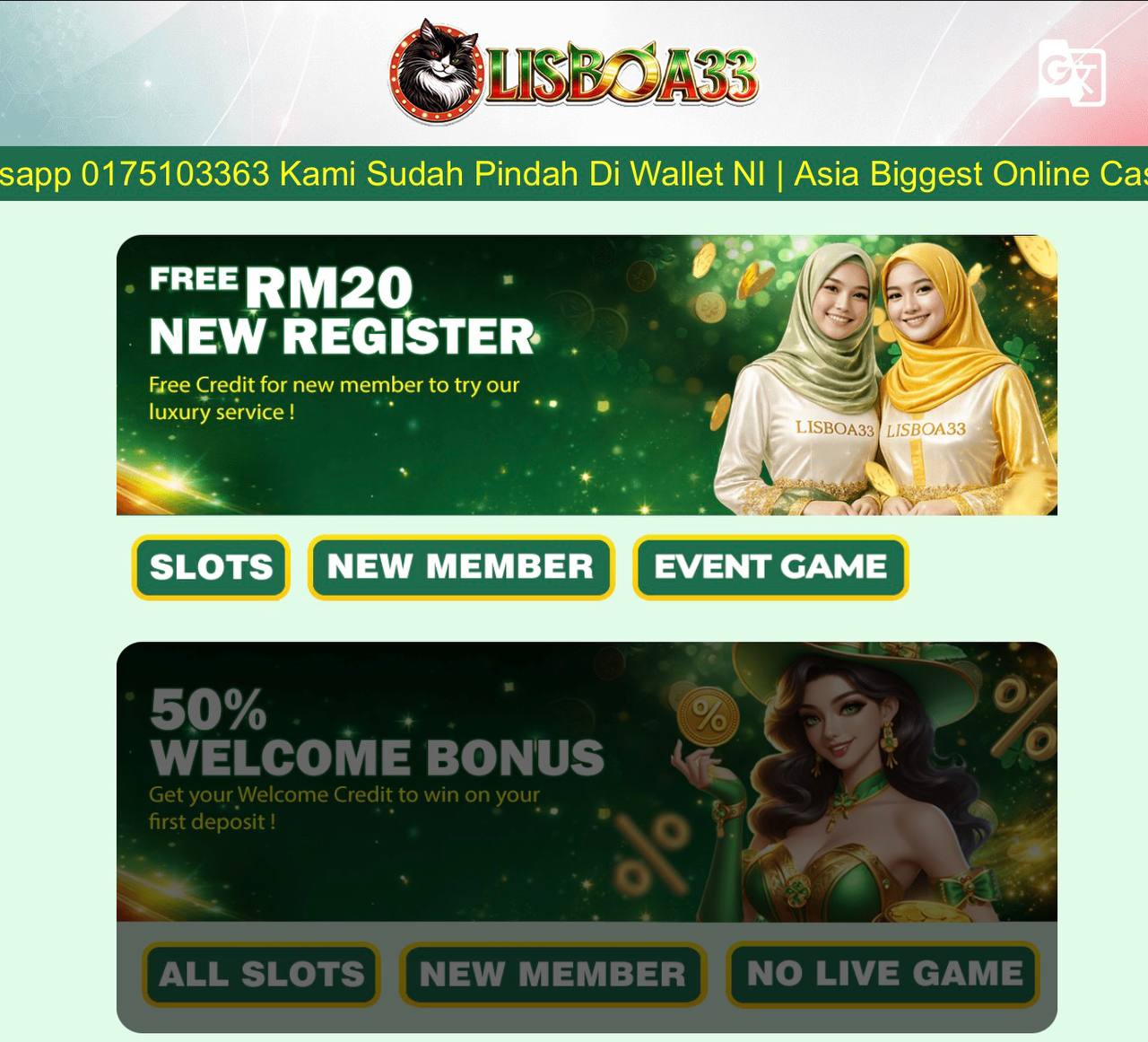 LISBOA33💵New Register Free RM20💵Welcome Bonus 50%💵Telco Cuci Penuh