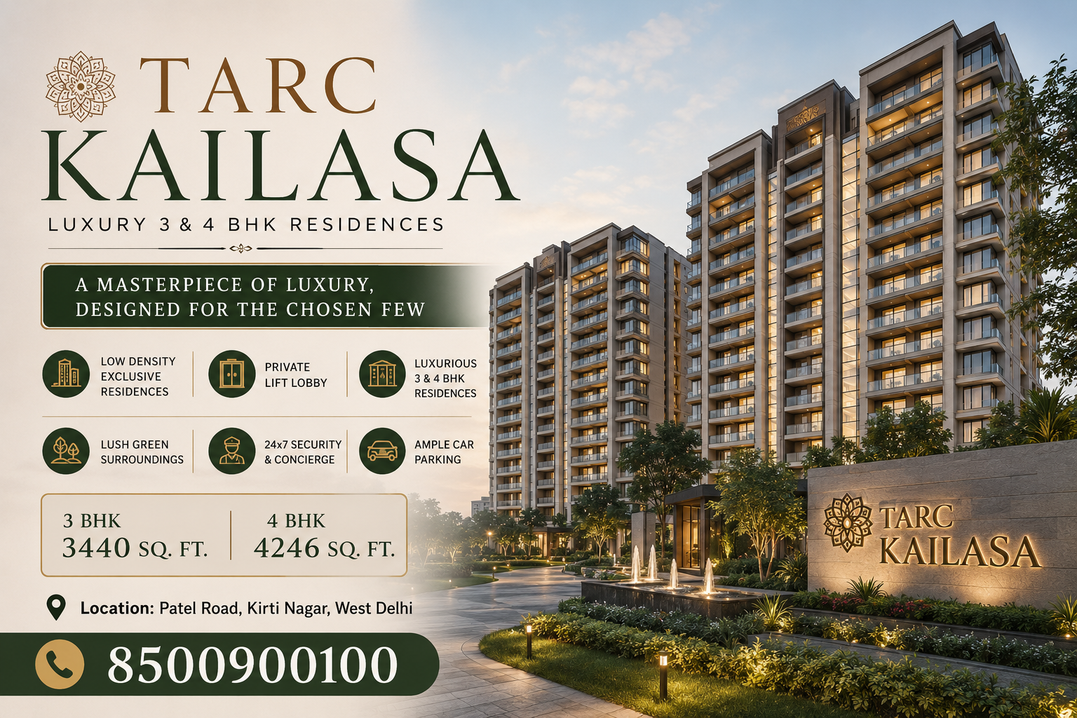 Located on Patel Road, Tarc Kailasa features modern 3 and 4 BHK residences with excellent connectivity, premium lifestyle facilities, and a strategic location in West Delhi.