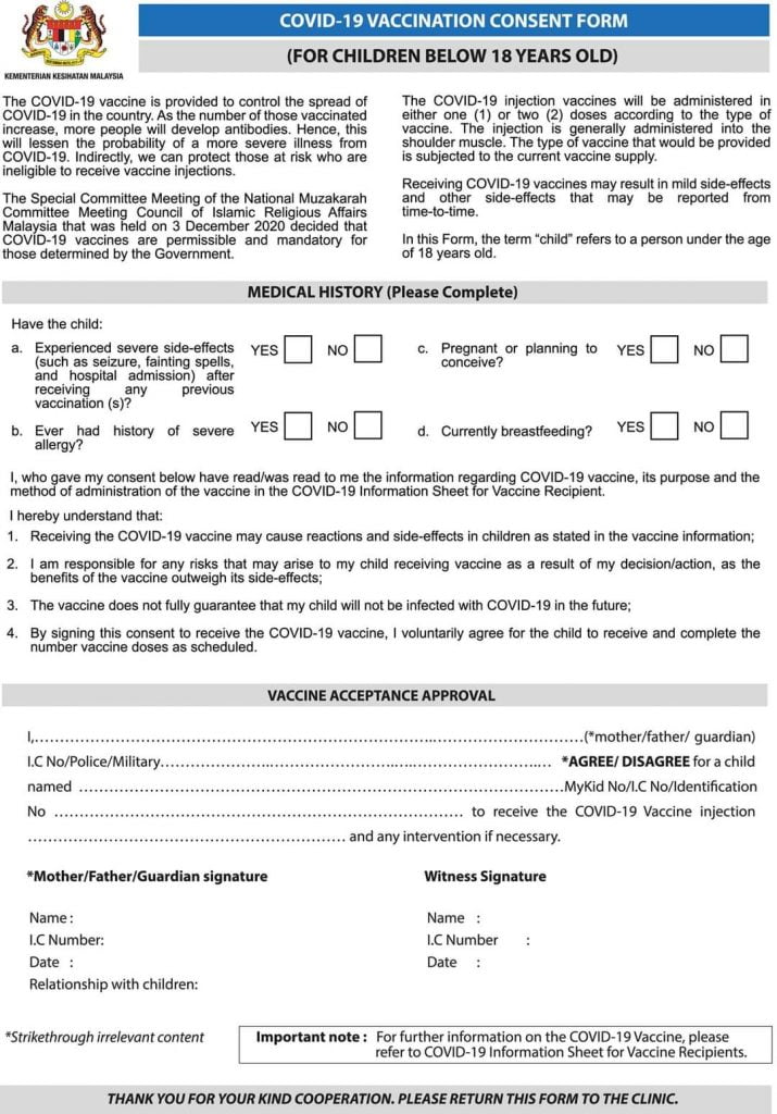 BORANG PERSETUJUAN SUNTIKAN VAKSIN BAWAH 18 TAHUN