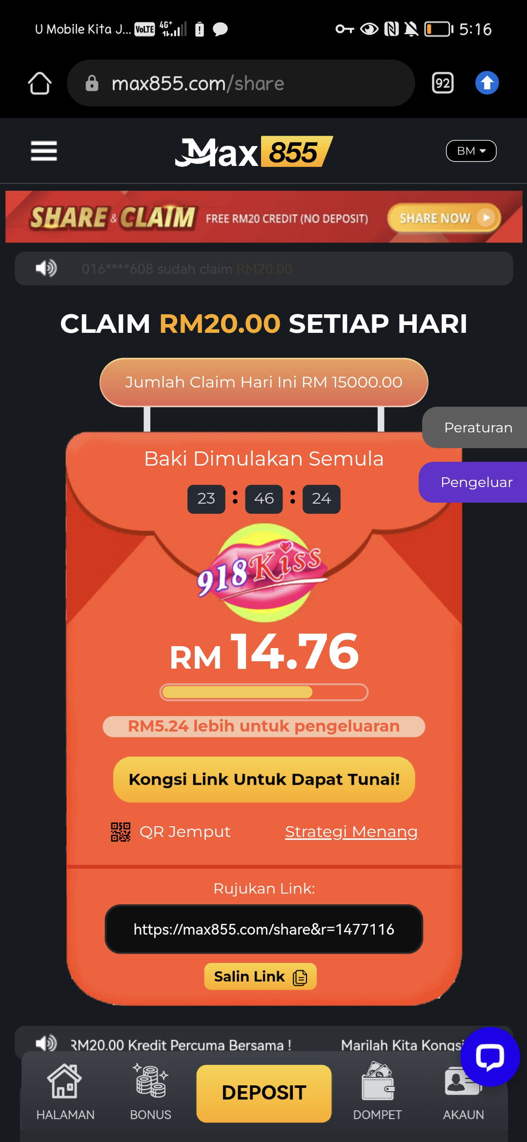 Claim FREE RM20 Tanpa Deposit ! Tekan link & menang RM20 credit dari Max855 setiap hari.
