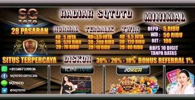 SQTOTO ( BANDAR TOGEL ONLINE 2D TERBALIK DI BAYAR + DISCON + SPESIAL HADIAH TWIN )