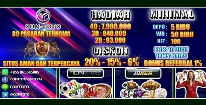COMTOTO BONUS NEWMEMBER  ( HADIAH DAN DISCON 4D : 7.950.000 20% / 3D : 845.000 15% / 2D : 93.500 6% ) 