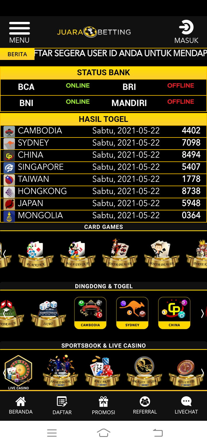 JUARABETTING  ( HADIAH DAN DISCON 4D : 3000 65%  / 3D : 400 58% / 2D : 7000 29% )