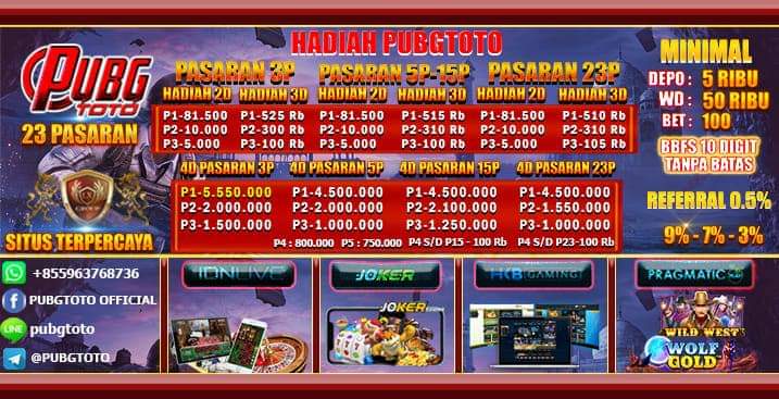 KLIK DAFTAR PUBGTOTO ber diskon hadiah sampe prize 1.2.3 dan khusus 4D hingga sampe prize 23 dibayar semua pasaran 
