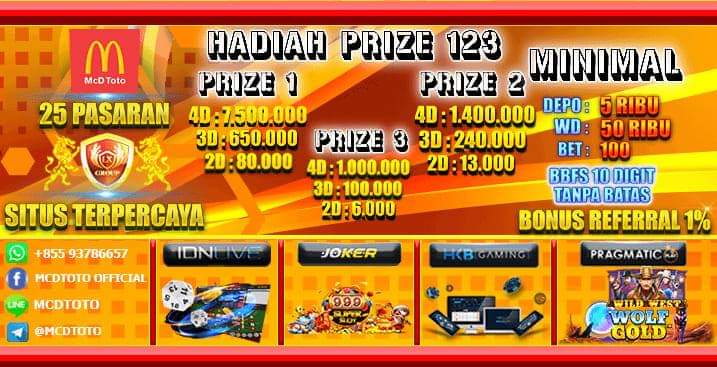 KLIK DAFTAR MCDTOTO NO DISKON HADIAH BERLAKU SAMPAI PRIZE 1.2.3 DIBAYAR SEMUA PASARAN   MINIMAL DEPOSIT 5.000 RIBU MINIMAL WITHDRAW 50.000 RIBU MINIMAL BETTING 100 PERAK