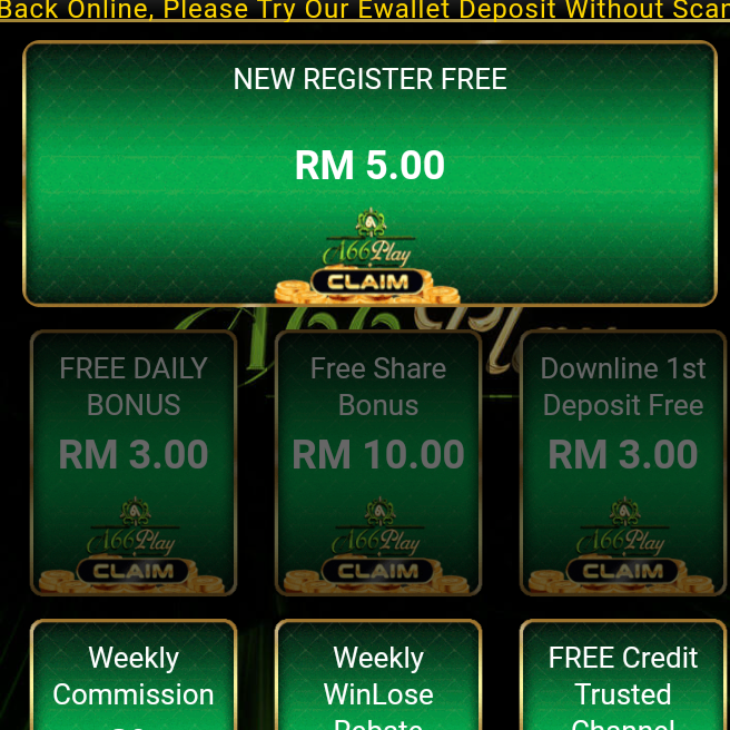 A66PLAY FREE TANPA DEPOSIT RM5 HOT!!(NEW)