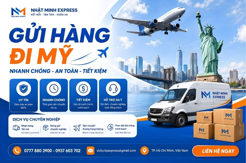 Gửi hàng đi Mỹ Nhật Minh Express cung cấp dịch vụ gửi hàng hóa sang Mỹ với cam kết chất lượng và giá cả phải chăng.