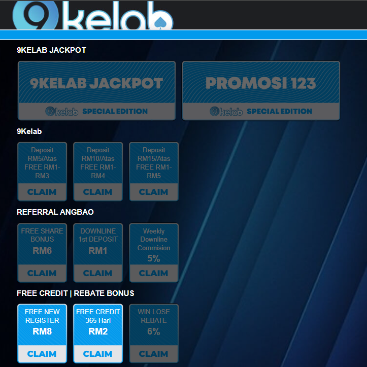 9KELAB  🔥 Free New Register RM 8 & SPECIAL BONUS 🔥