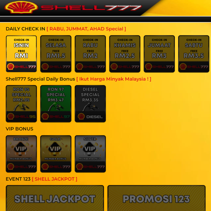 SHELL777 🔥 Special Daily Bonus Ikut HARGA MINYAK MALAYSIA & VIP Bonus 🔥