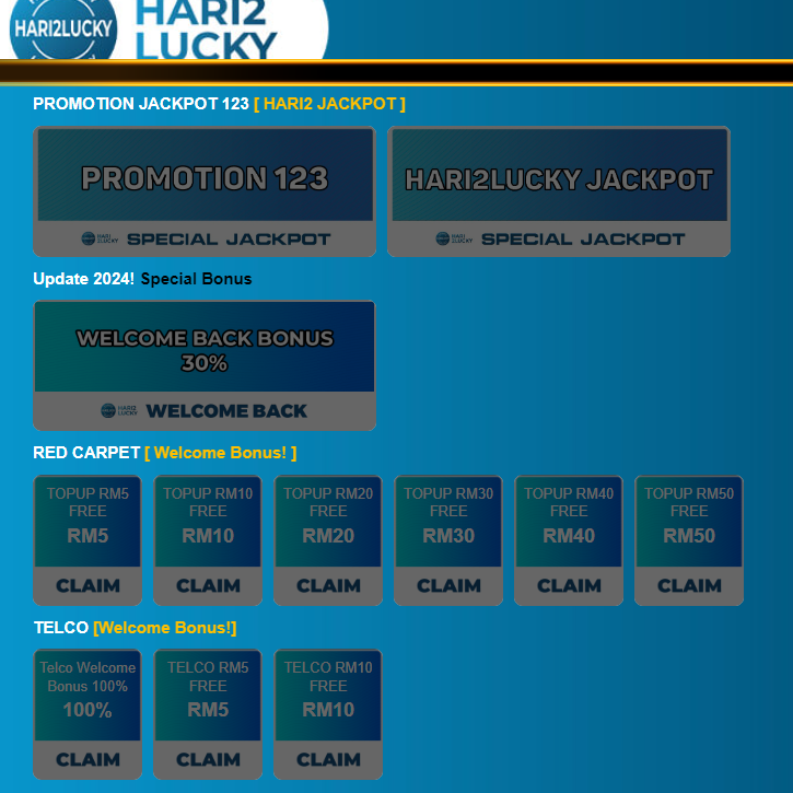 HARI2LUCKY  🔥 Free New Register RM 5 & Welcome Bonus 50% 🔥